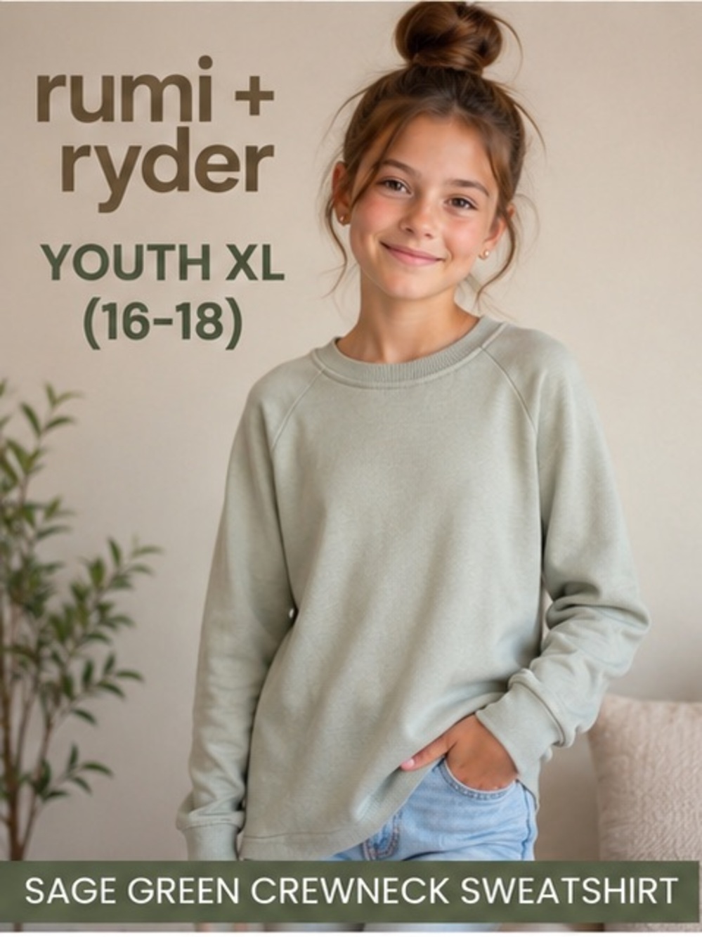 Rumi + Ryder Girls Youth XL 16-18 Sage Green Modal Blend Crewneck Sweatshirt